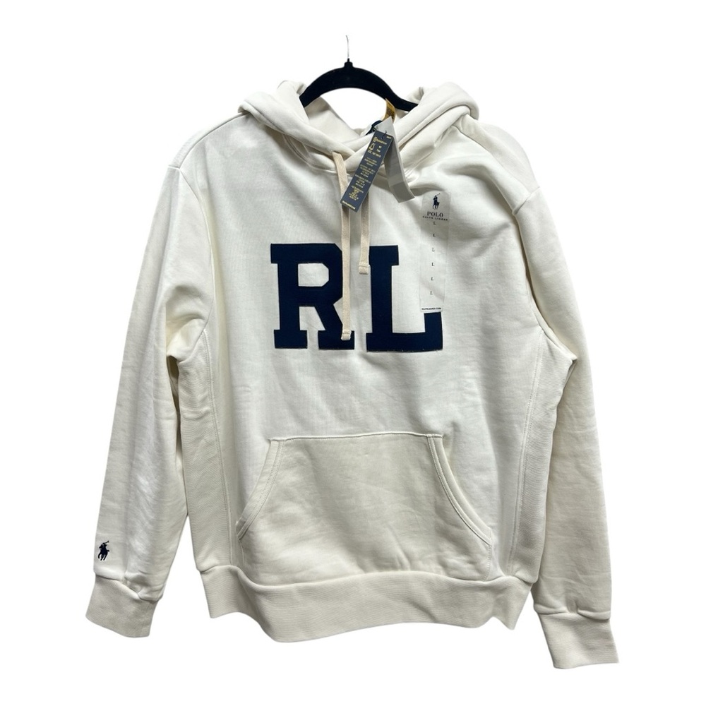 Ralph Lauren RL Monogram Mens Hoodie Letterman Fleece Off White Cream Large